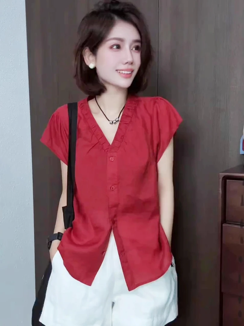 专柜品牌女装洋气亚麻红色背心女百搭设计感衬衫V领显瘦短袖上衣