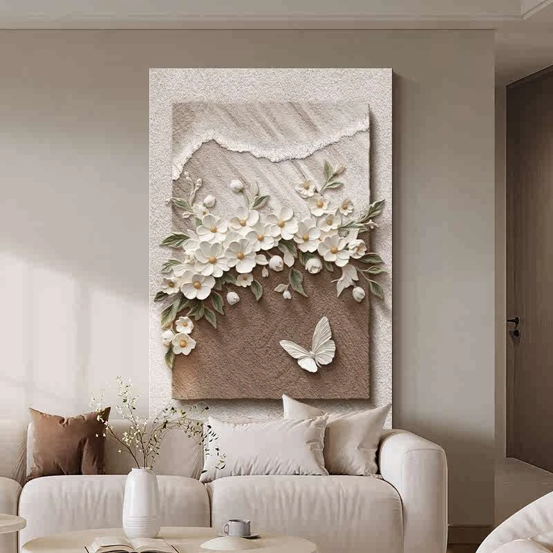 侘寂风客厅装饰画浮雕立体高级感沙发背景墙壁画抽象花卉玄关挂画