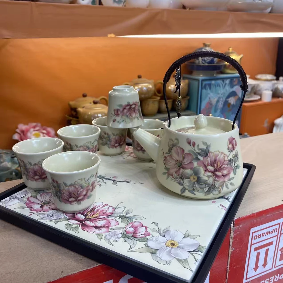 友名 白莲牡丹提梁壶+6杯+干泡盘-3196