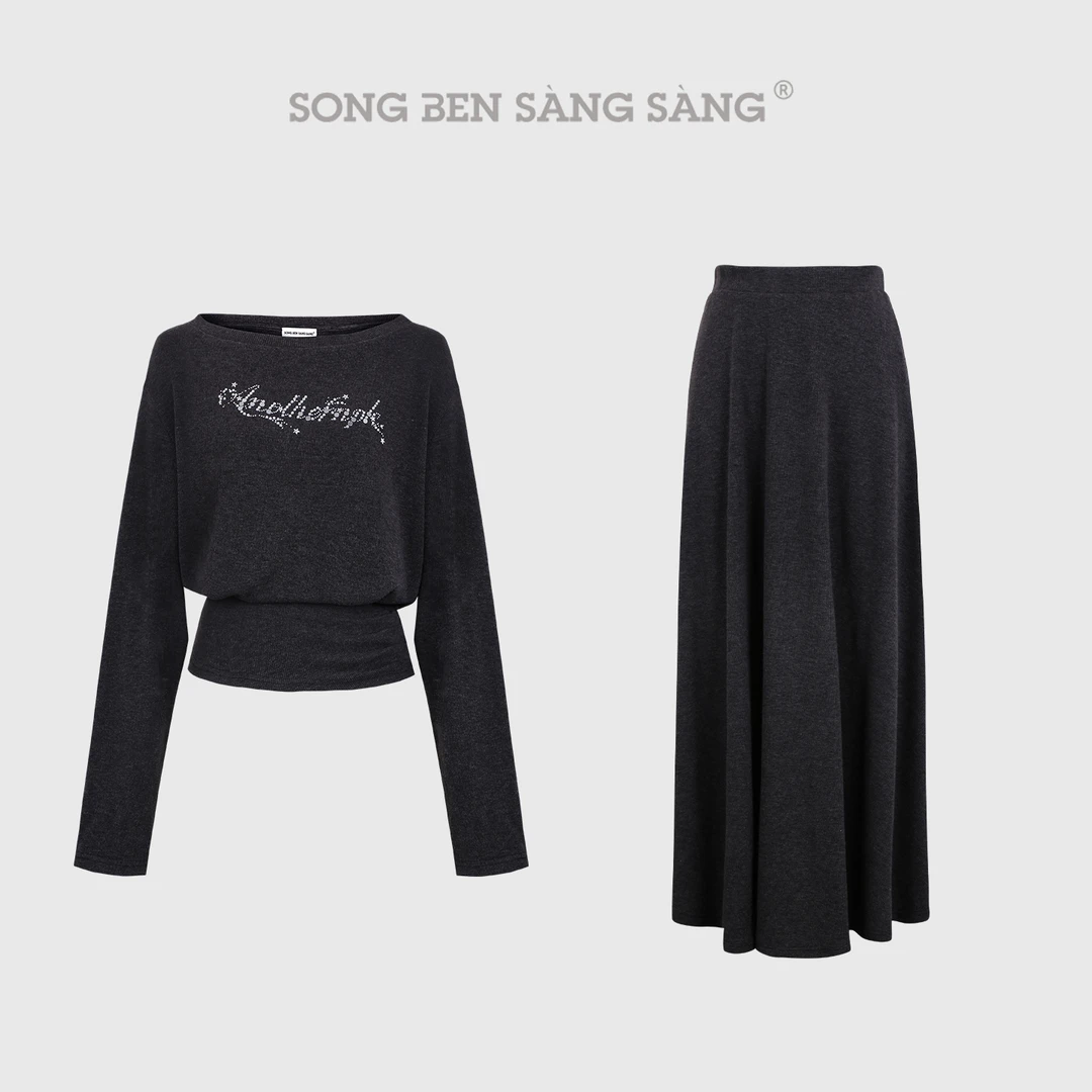 松本丧丧秋冬氛围感优雅斜肩针织上衣套装半裙两件套B253R0086