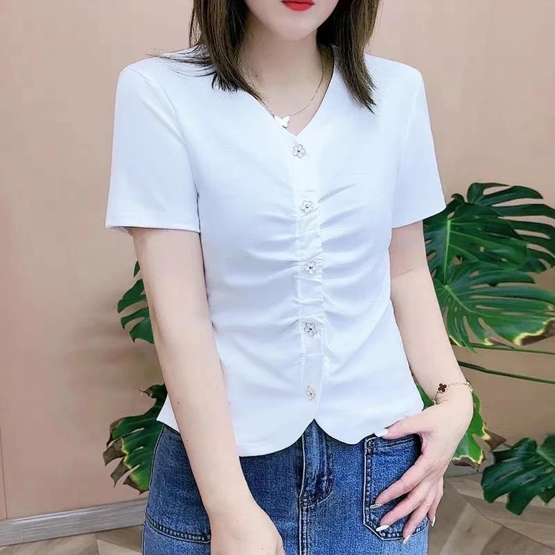 29新款V领扣子短袖