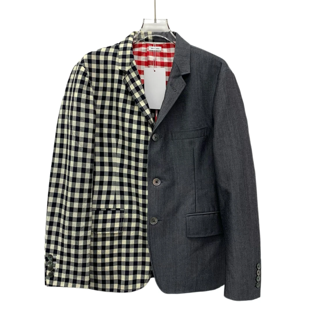 99新 THOMBROWNE  HW0921  格纹拼接羊毛翻领单排扣长袖西装