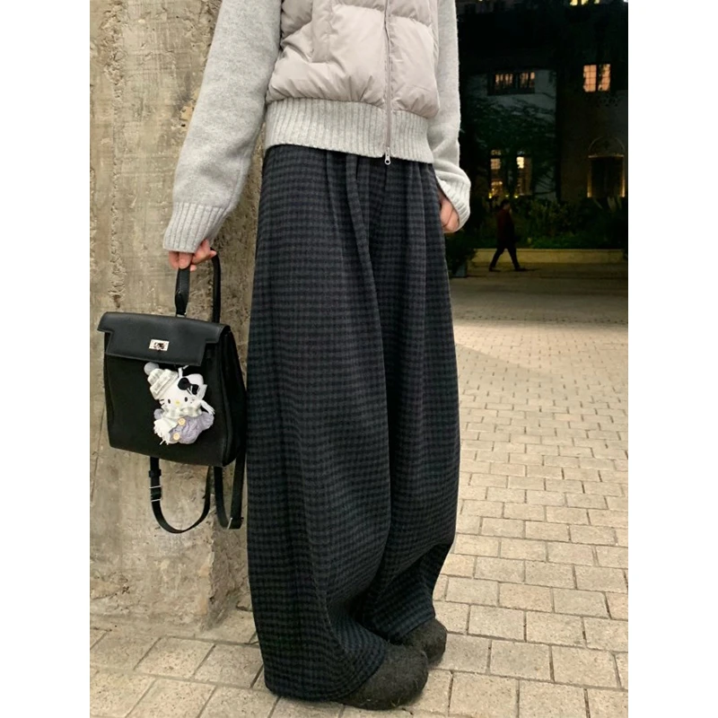 耶古复古藏蓝格纹加厚毛呢直筒裤女秋冬季高腰显瘦垂坠宽松阔腿裤