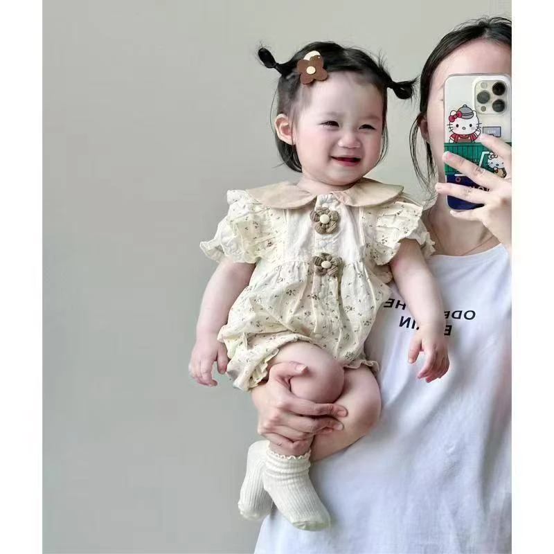 婴幼儿夏季纯棉连体哈衣女宝宝薄款韩版小碎花翻领外出服满月周岁