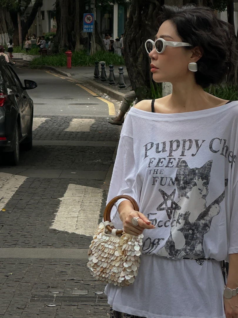 WUWU STUDIO 【哈基米】减龄时尚可爱猫狗印花短袖T恤斜肩宽松3282