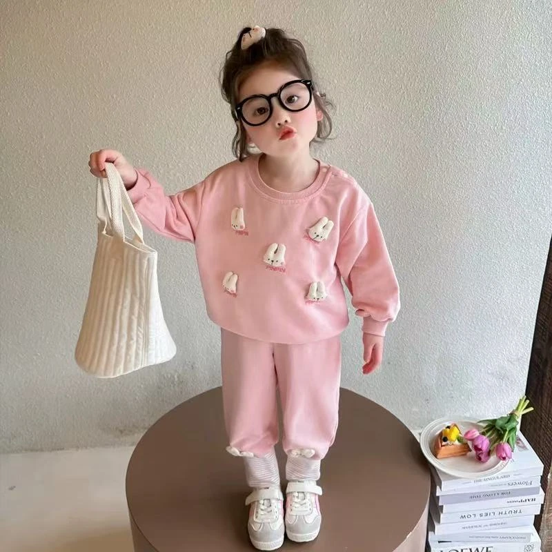 A-Y231女童春秋款可爱立体兔子长袖卫衣卫裤两件套套装