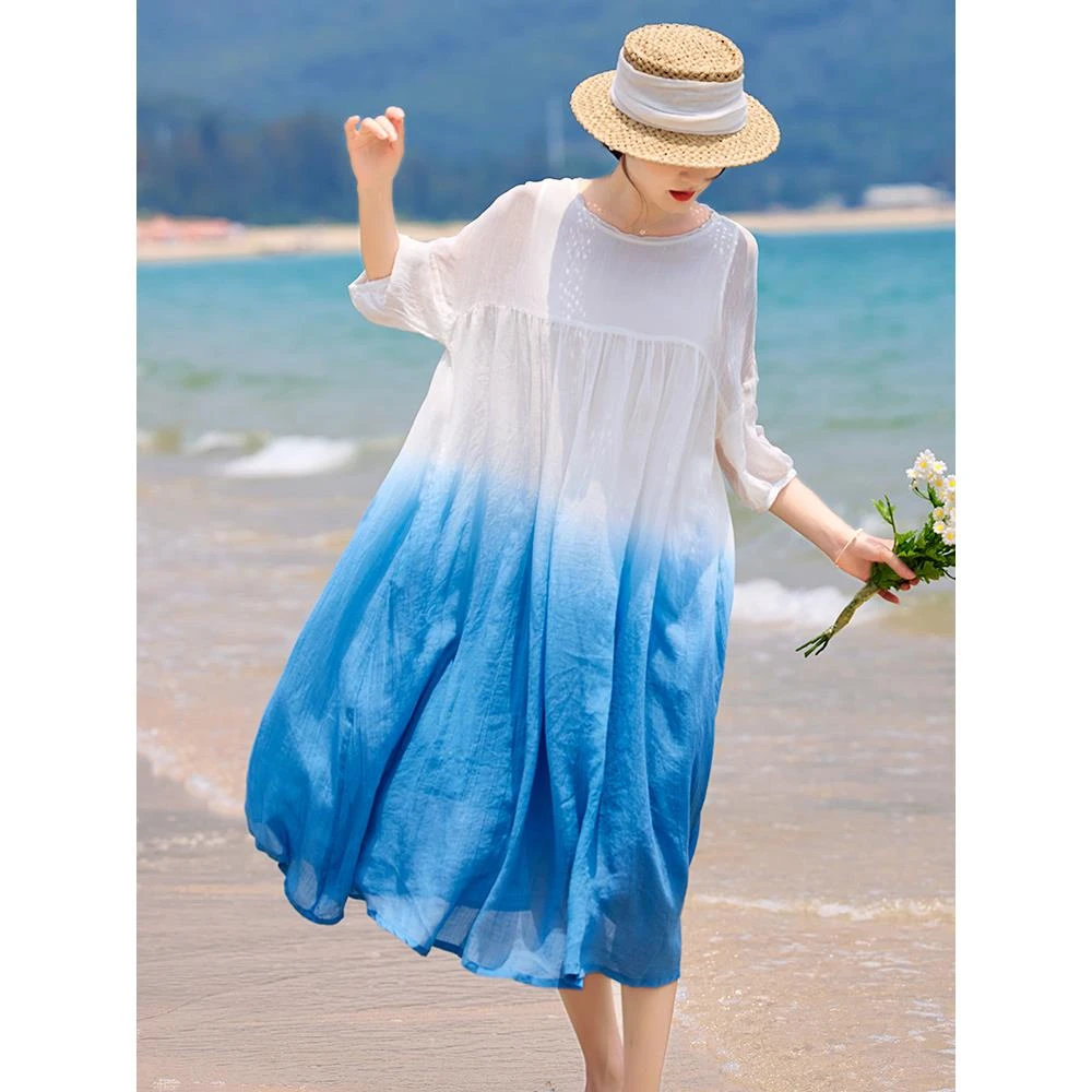 时尚苎麻渐变色连衣裙2025年新款女夏季气质遮肉显瘦棉麻裙子薄款