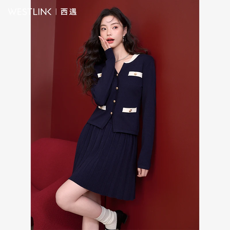 【嘉鹅专属】气质优雅针织小香风套装女2025春季撞色外套搭百褶裙