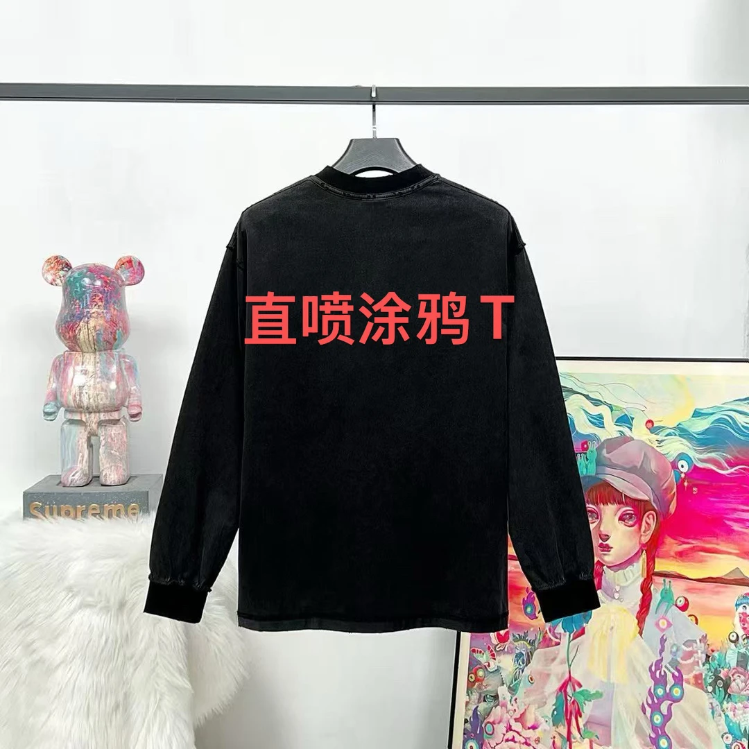 25FW涂鸦破坏直喷印花磨损水洗做旧长袖圆领宽松潮流街头时尚