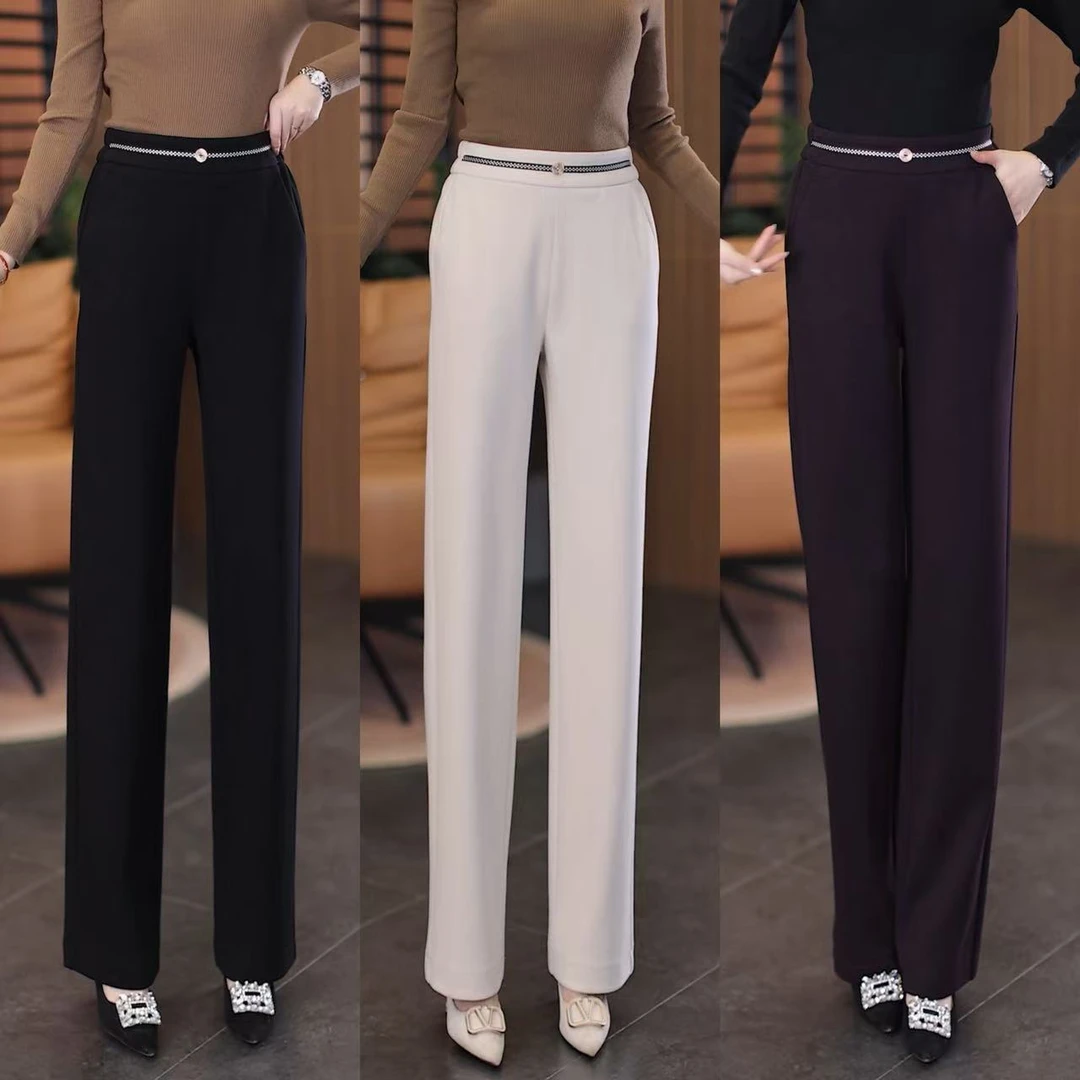 秋冬新款休闲显瘦直筒裤桑蚕丝羊毛松紧腰垂感柔软中年高腰长裤