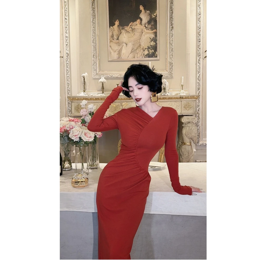 LYXJ【蒙彼利橘调】连衣裙2025春款压褶气质显瘦修身法式连衣裙