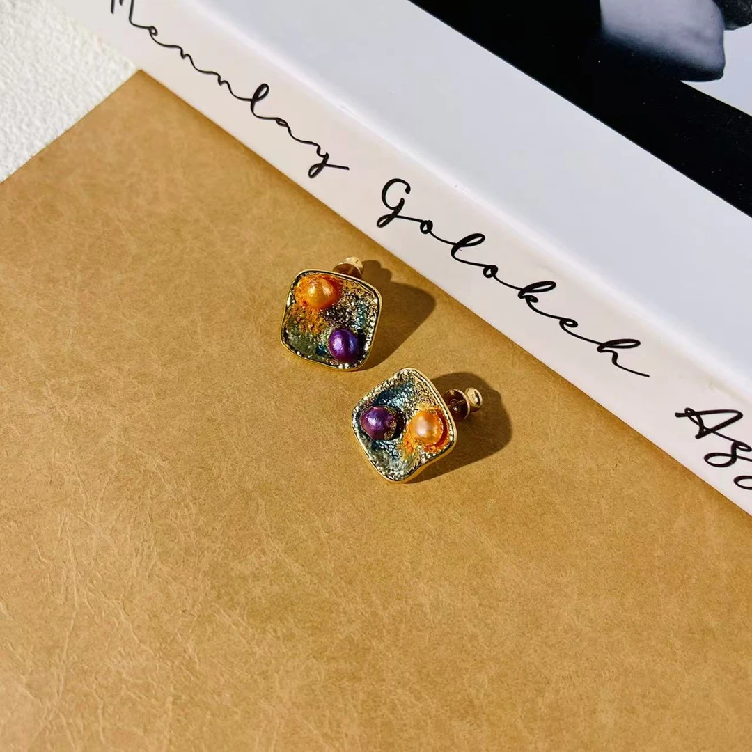 铜合金亚克力耳饰 绚烂多彩耳钉P404日常百搭ins风