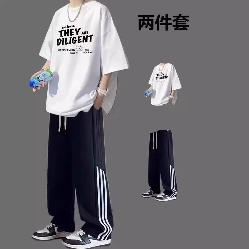 夏季短袖t恤套装男士潮流ins搭配一套帅气宽松青少年休闲裤两件装