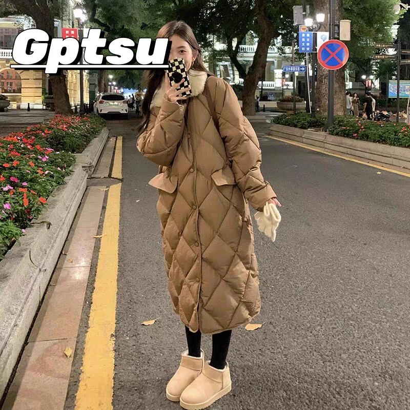 GPTSu菱形格羽绒服女士中长款冬季过膝加厚面包服保暖白鸭绒外套