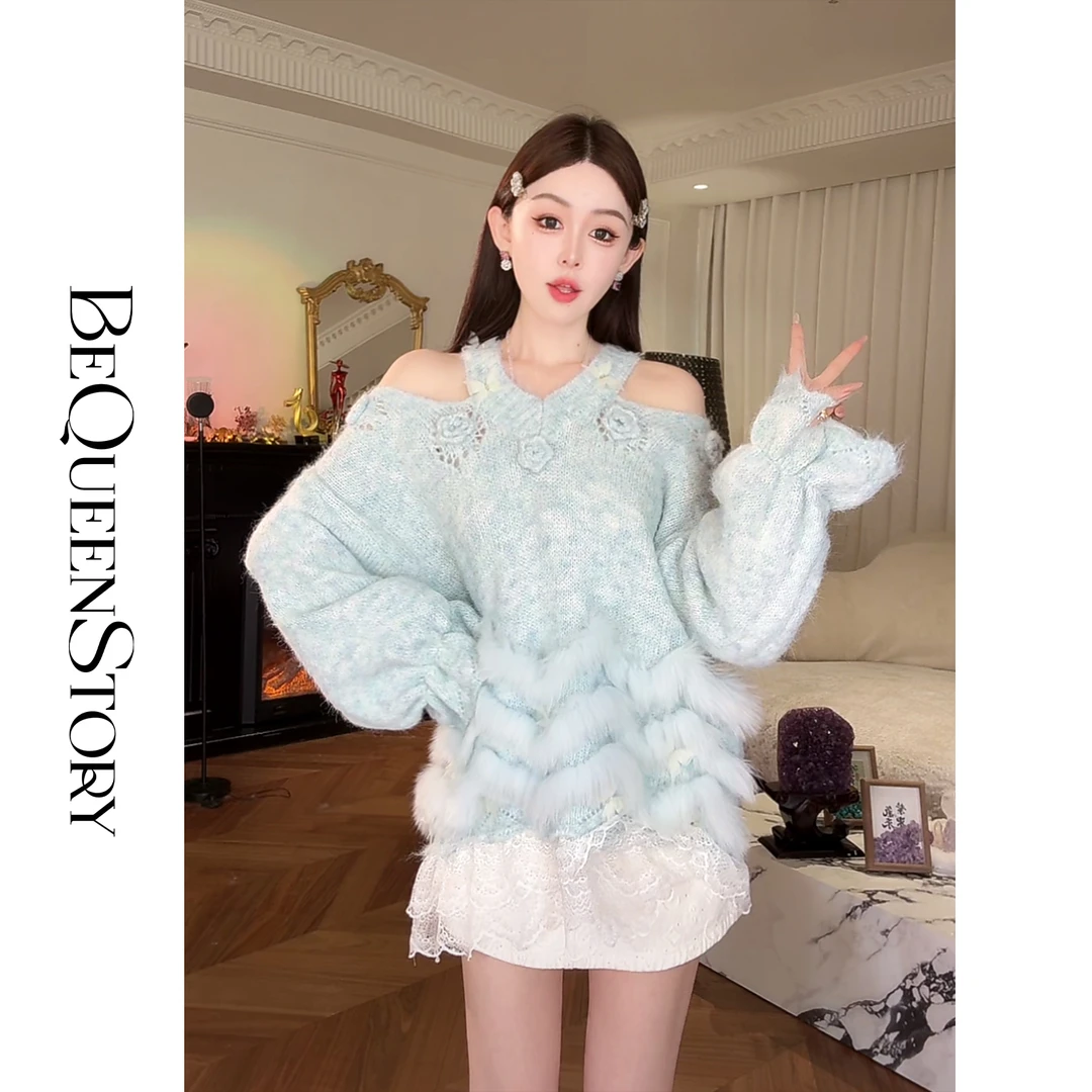 余潇潇【冰雪奇缘】层次感设计绵羊毛混纺纱线拼狐狸毛V领露肩毛衣