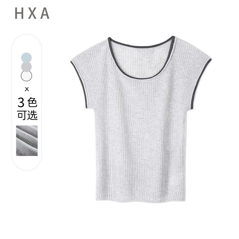 2025夏季新款短袖撞色边针织衫女薄款清爽韩系纯色百搭上衣打底衫