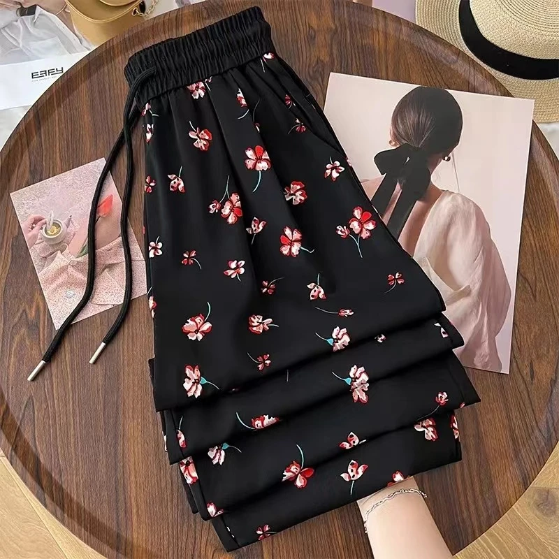 300斤大码夏季冰丝碎花宽松阔腿裤女2025高腰显瘦垂感休闲扎染裤