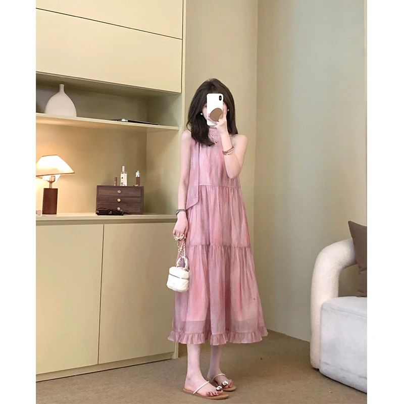 FUGUI RICH小个子无袖连衣裙女夏季新款挂脖法式中长裙26251L3249