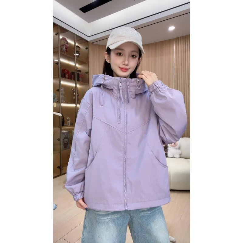 双拉链女款连帽春秋纯色短款休闲拼接防风韩版短外套G2502