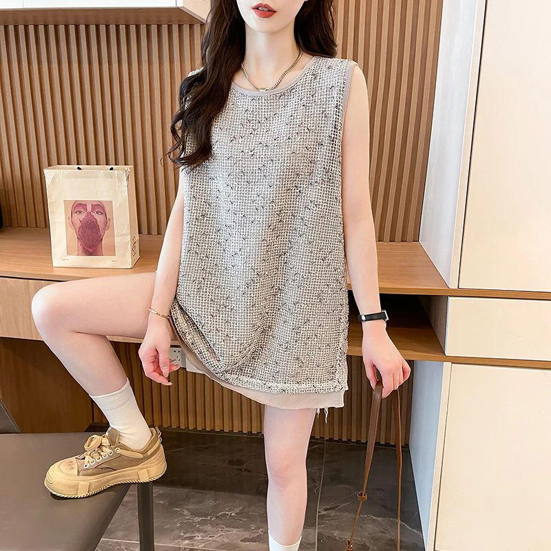 夏季大码宽松无袖背心T恤女韩版薄款百搭ins时尚显瘦镂空中长上衣