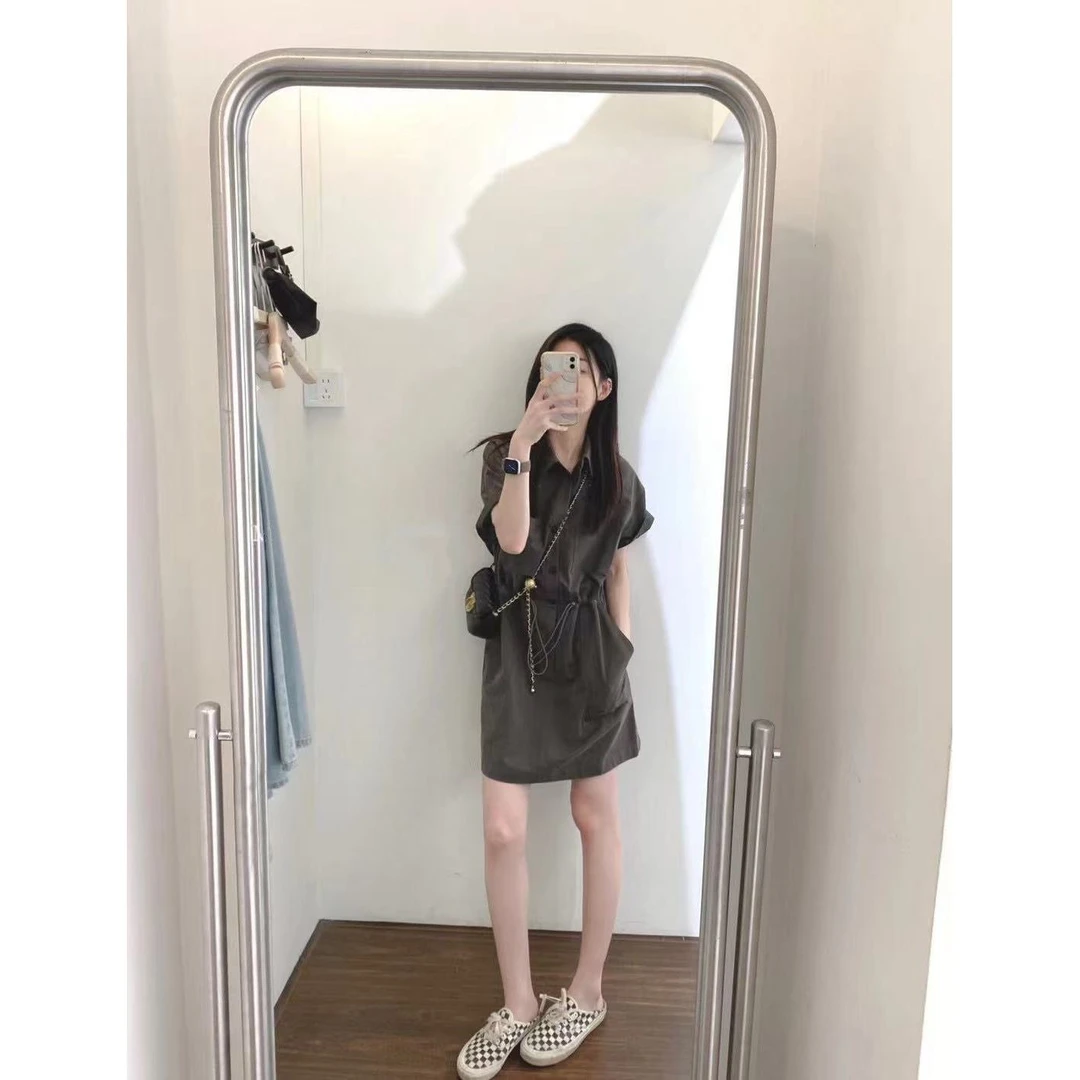 夏季工装风短袖不褪色简约连衣裙气质时尚炸街休闲显瘦小个子