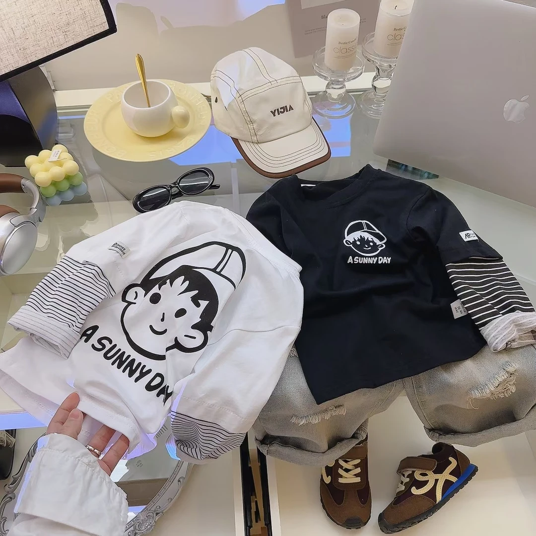 纯棉2025女童男童洋气休闲百搭春秋新款长袖假两件T恤儿童打底衫