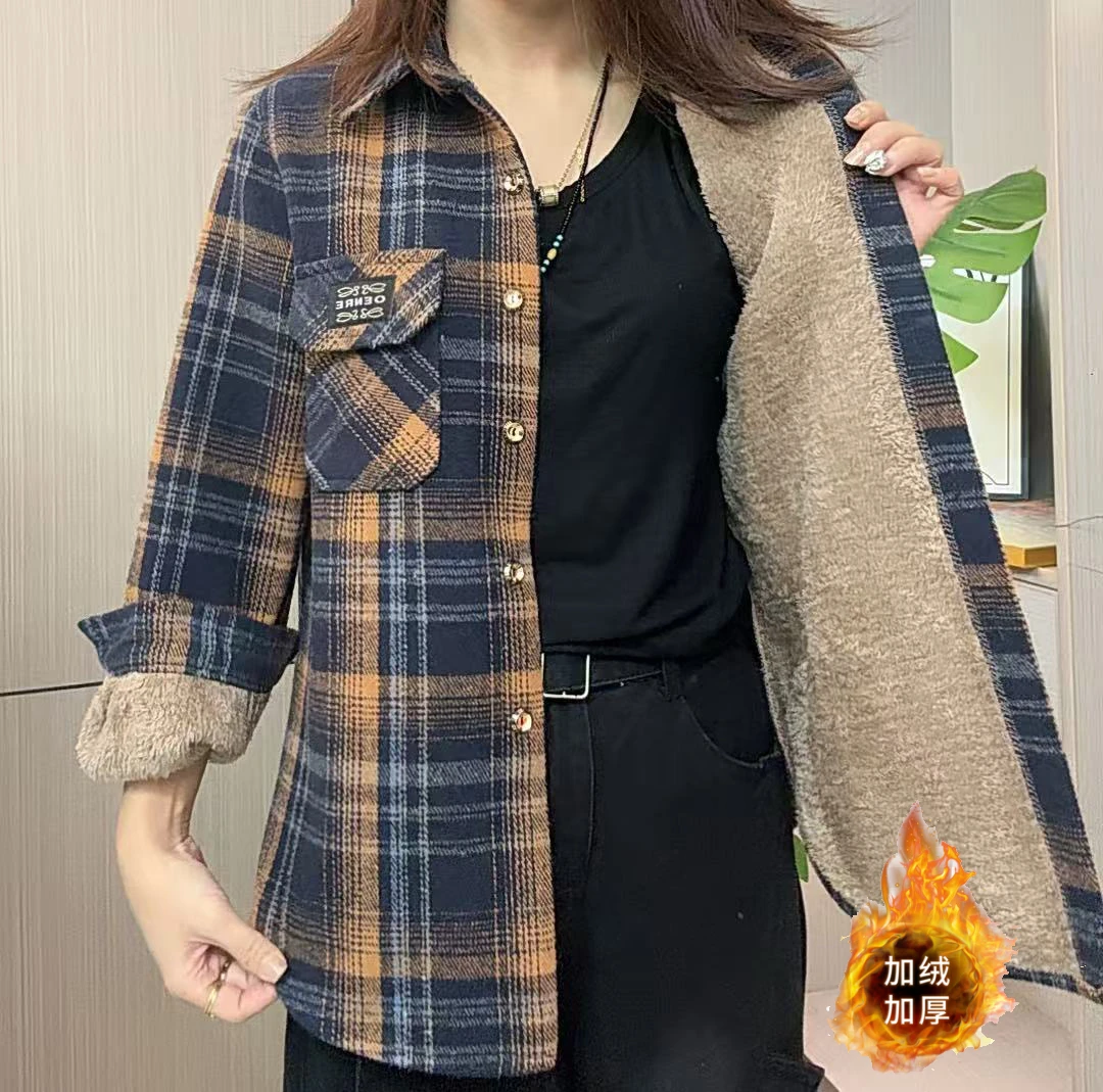 源头工厂加绒加厚格子衬衫女中长款宽松大码长袖磨毛毛呢格子衬衫