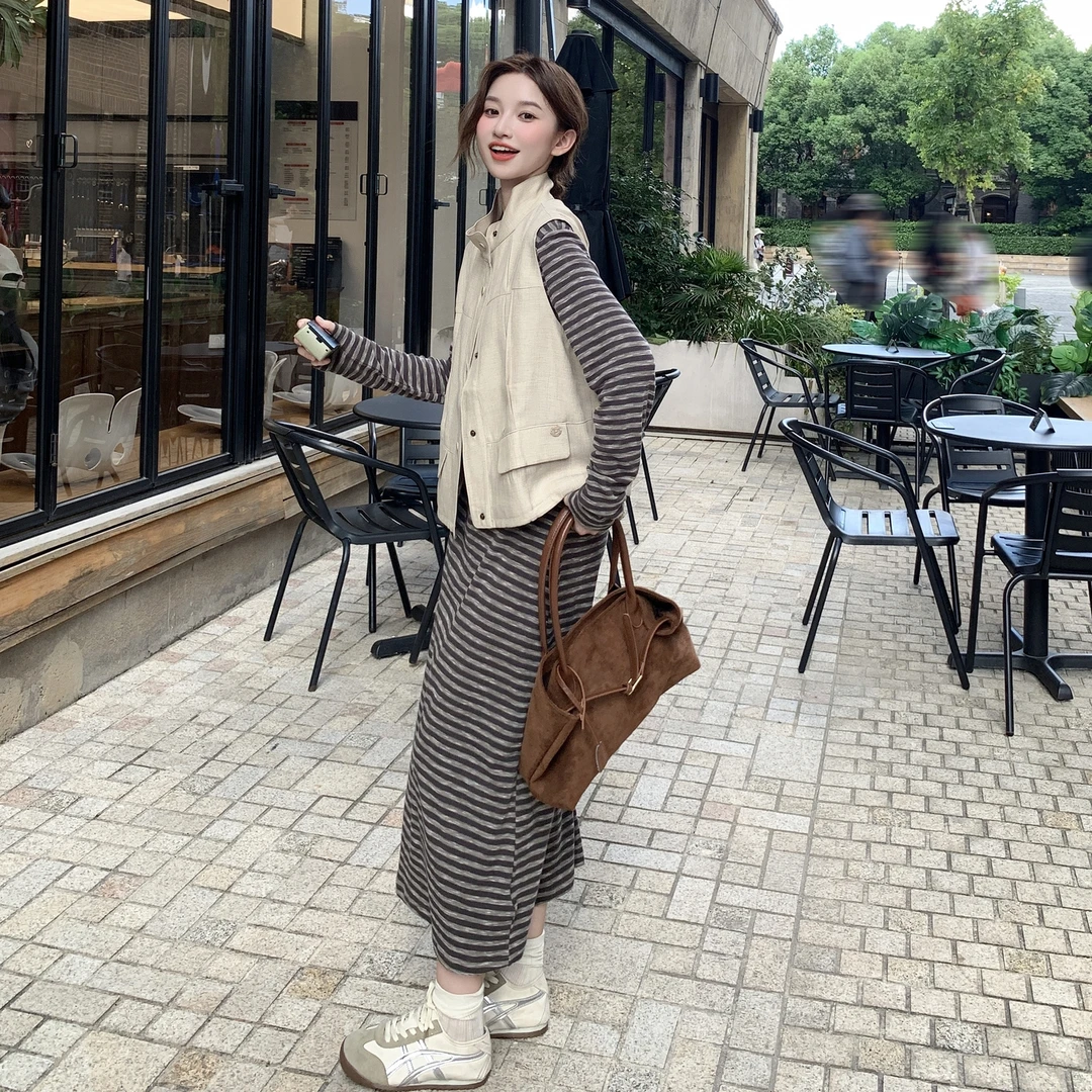 休闲马甲两件套条纹连衣裙秋季网红复古慵懒风长款T恤连衣裙套装