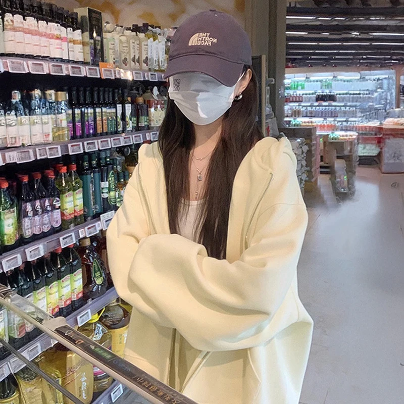 春秋chic开衫外套oversize加绒连帽卫衣女2025新款杏色宽松上衣潮