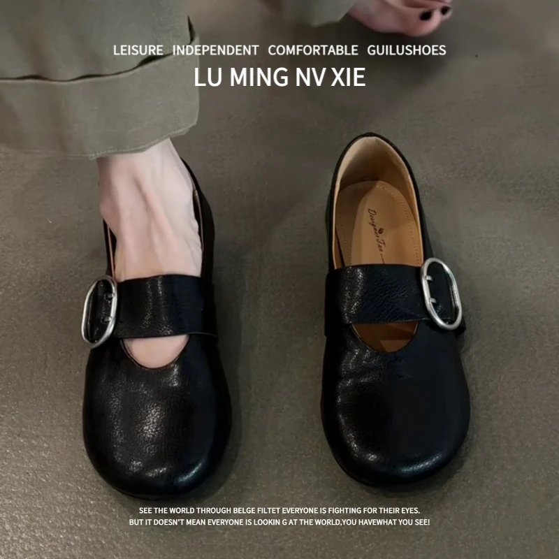 羊皮版~法式复古风圆头浅口单鞋女2025新款一字法式浅口玛丽珍鞋