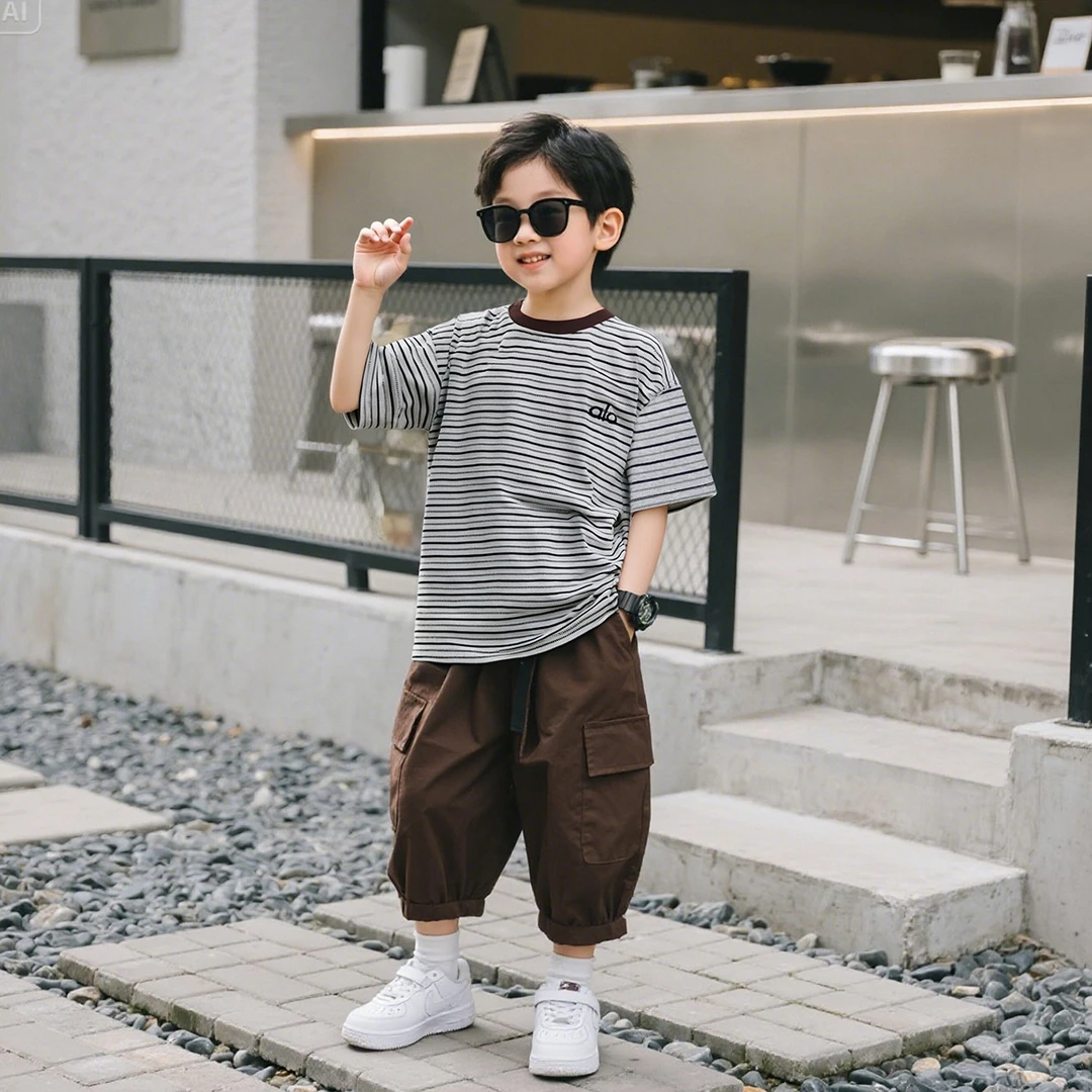 2025男童夏季时尚百搭条纹复古圆领T恤上衣