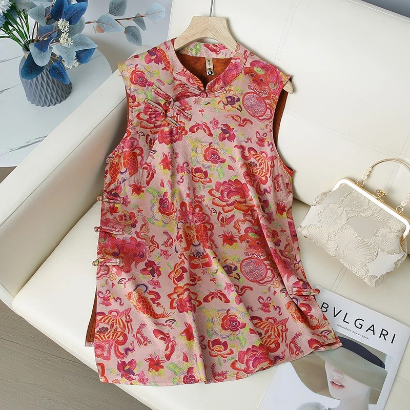 提花中长款网红斜襟立领薄款无袖夏季衬衫中国风新中式民族风