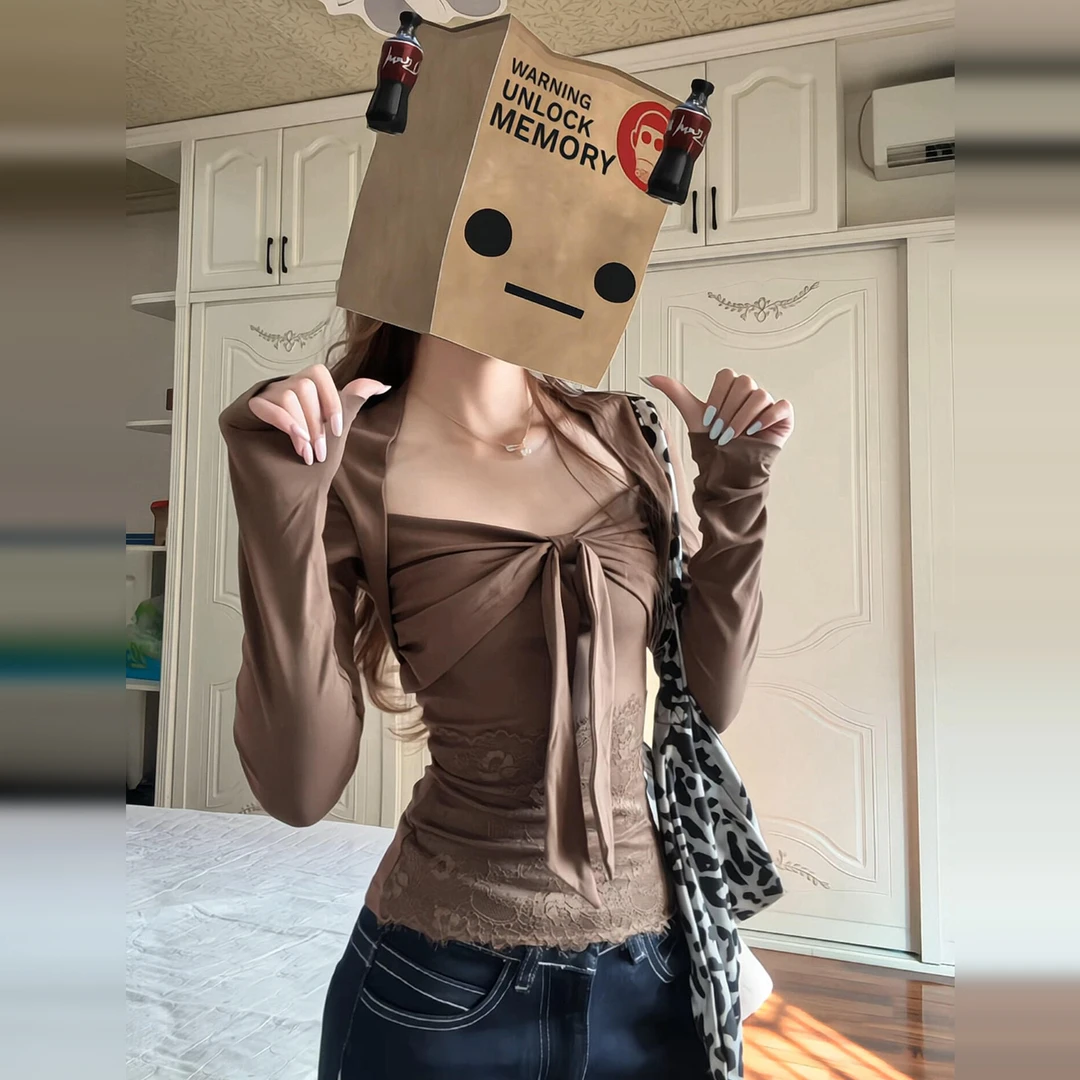 巨好看假两件蕾丝拼接t恤秋冬设计感修身显瘦长袖打底衫上衣9247