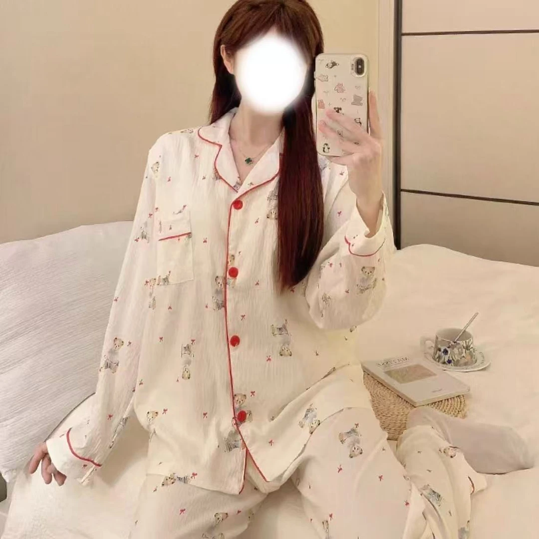 胖鹅张~蝴蝶结小熊睡衣家居服套装#074