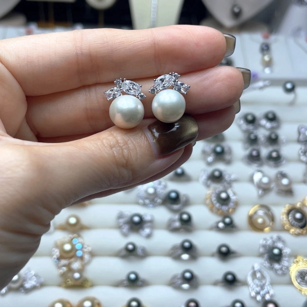 银S925镶嵌耳饰淡水珍珠10-11mm