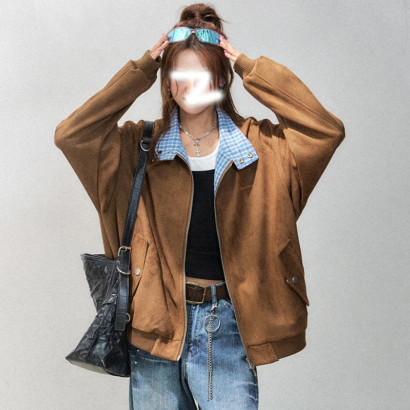 复古格子拼接麂皮绒外套女款2025新款秋季空气层棒球服休闲夹克