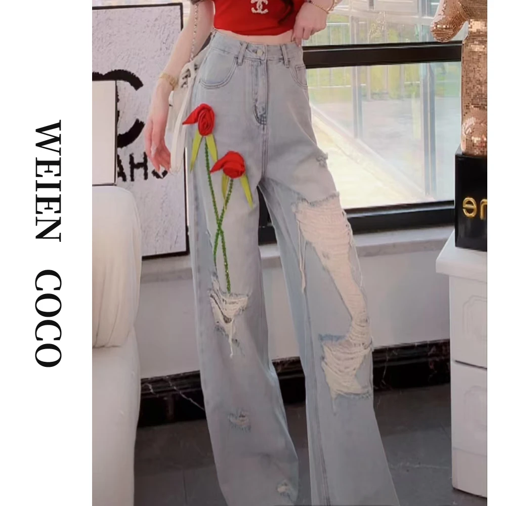 【薇恩COCO】时尚特色高腰花朵破洞牛仔裤阔腿春季新款K4439