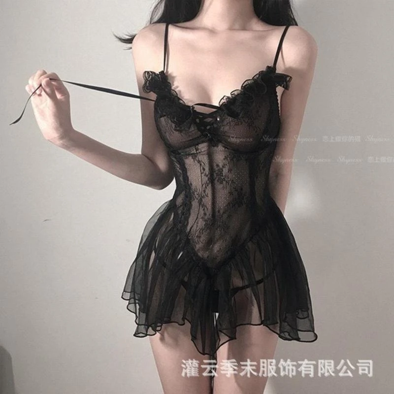 性感吊带纯欲吊带显瘦法式性感睡衣睡衣长裙战斗攻速服装蕾丝连体