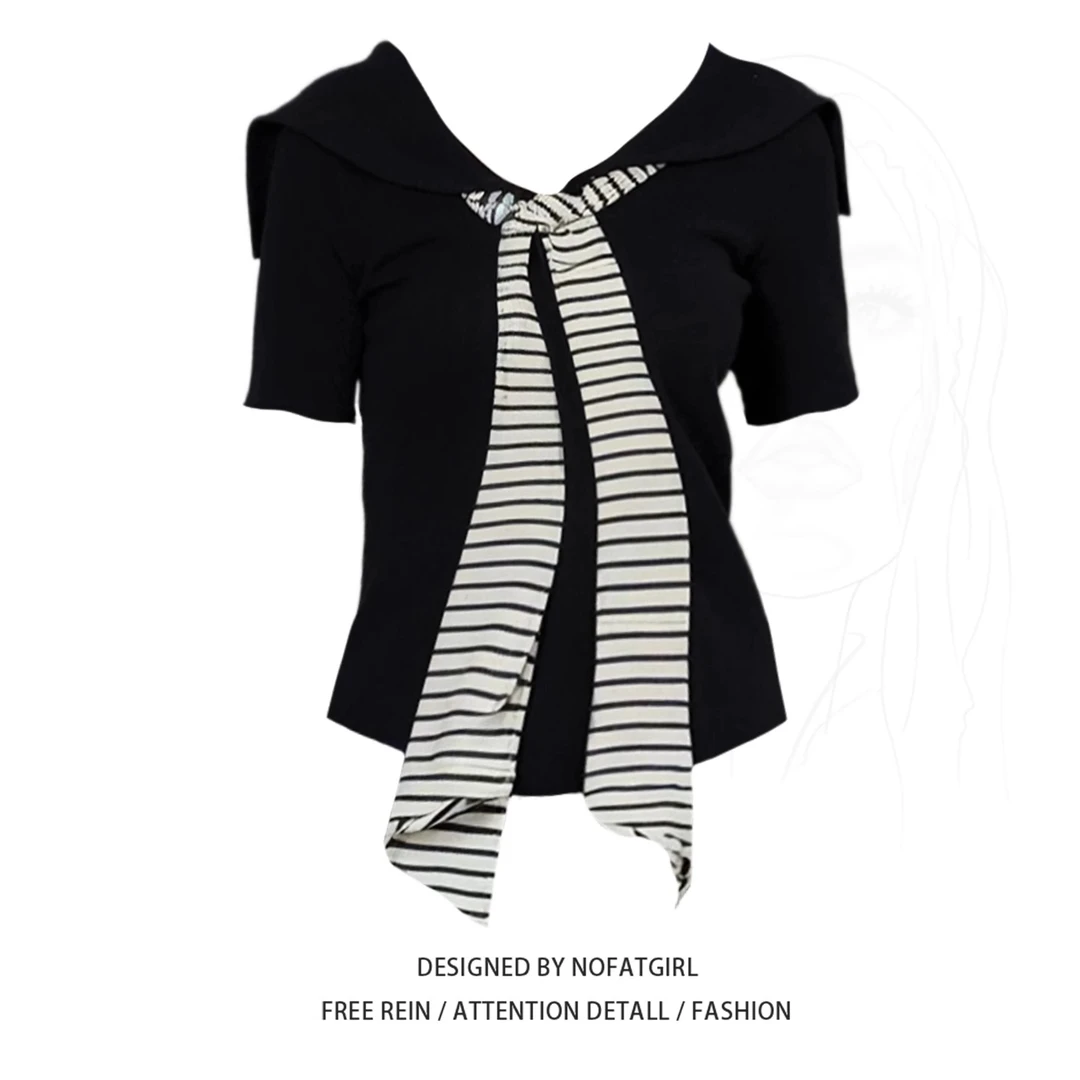 大码胖MM复古海军领条纹领带撞色针织短袖女夏季新款修身上衣T恤