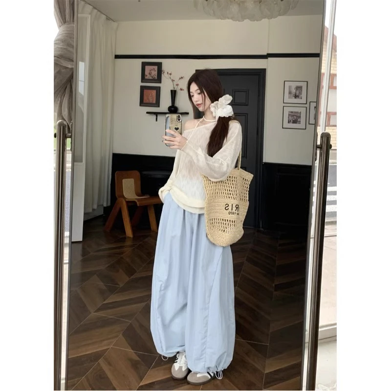 蓝色花苞裤女夏季2025新款小个子高腰显瘦灯笼裤宽松休闲阔腿裤