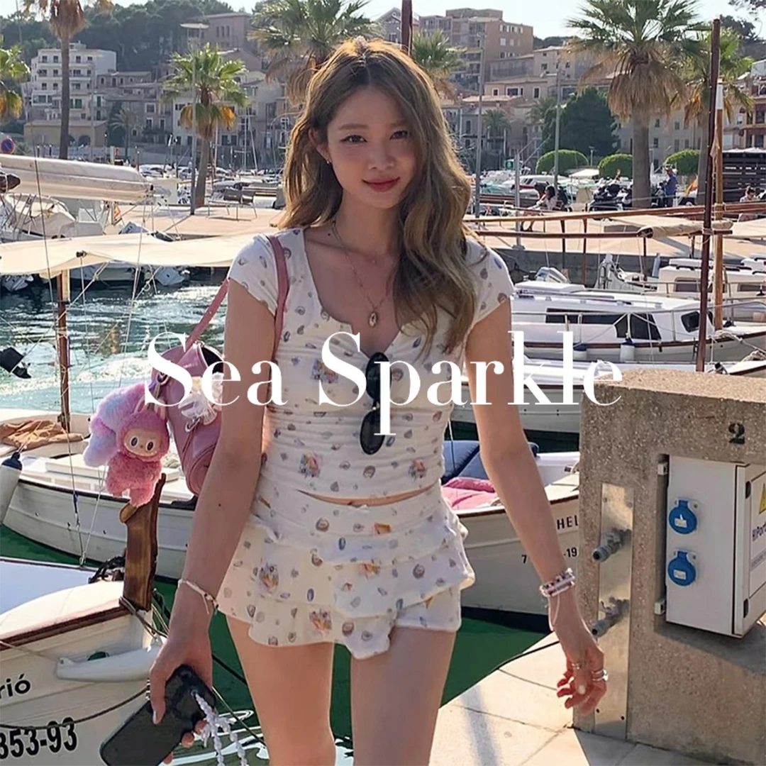 Sea Sparkle贝壳印花insV领蛋糕半裙分体泳衣小心机搭配温泉出片