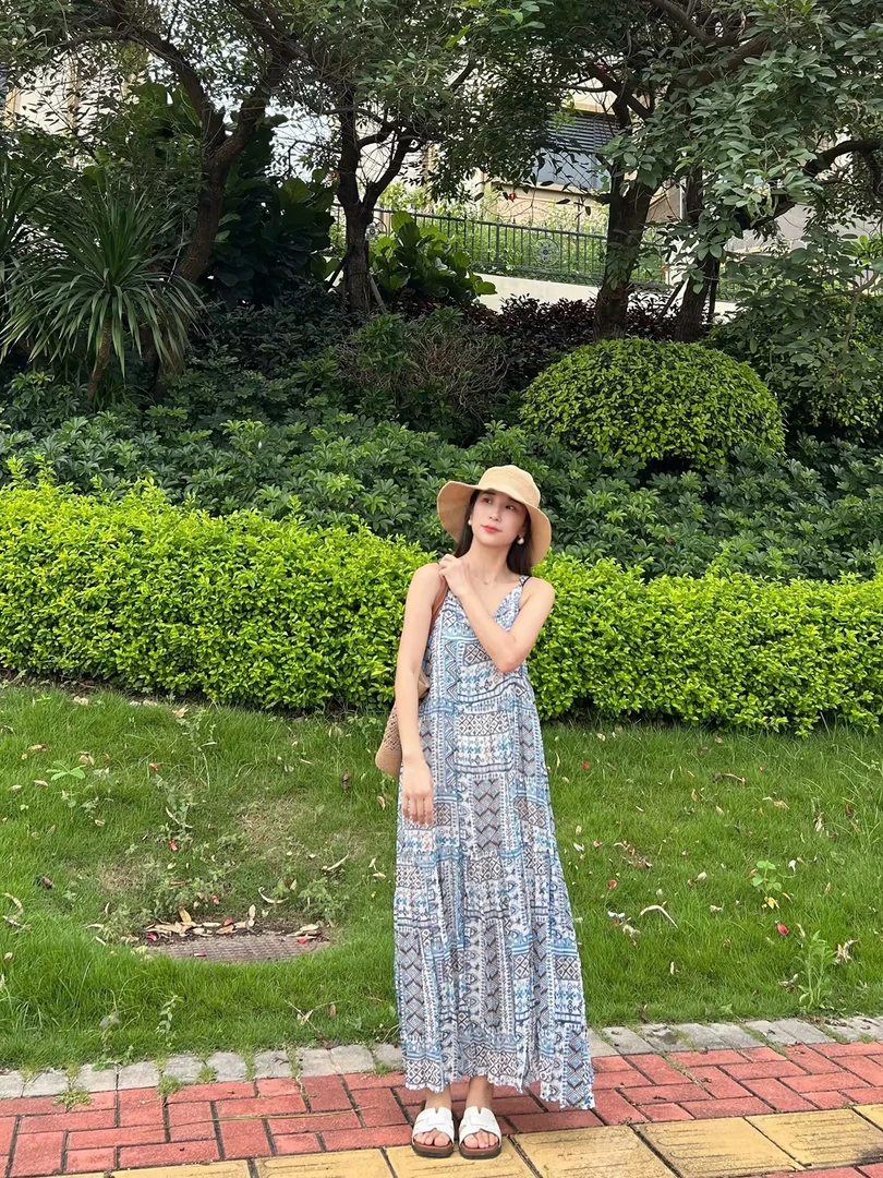 夏季气质碎花吊带连衣裙高腰显瘦A字雪纺长裙008冰蓝