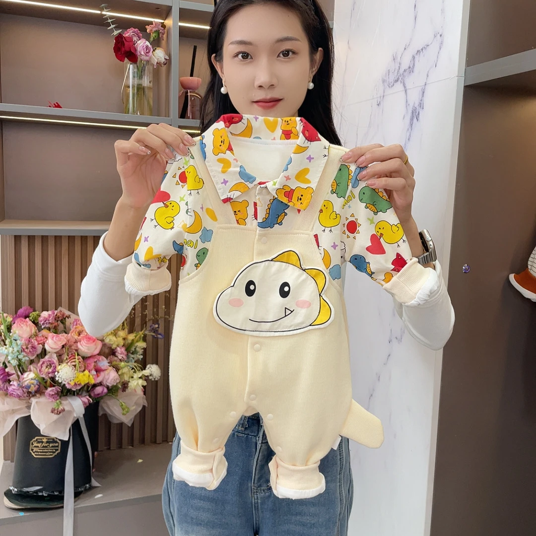 【睁眼】新款宝宝春秋款长袖可爱呆萌调皮恐龙翻领假背带连体哈衣