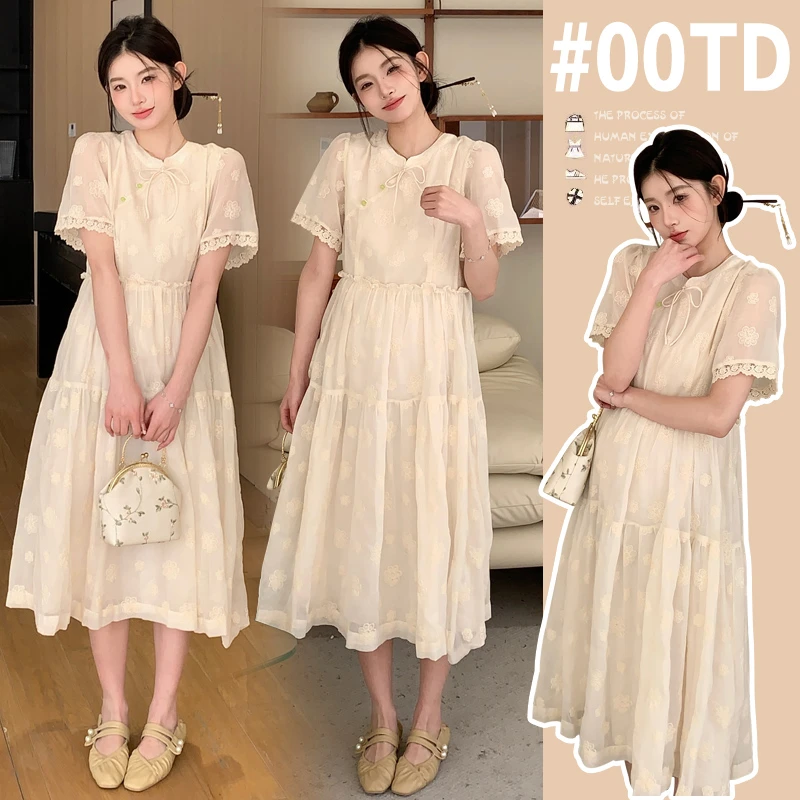实拍现货 孕妇夏新款中长款新国风连衣裙刺绣孕妈妈