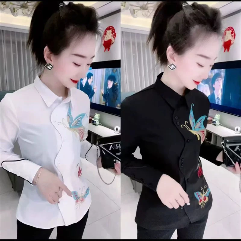 春秋新品重工刺绣修身舒适弹力棉质衬衫女装上衣时尚百搭衬衣通勤