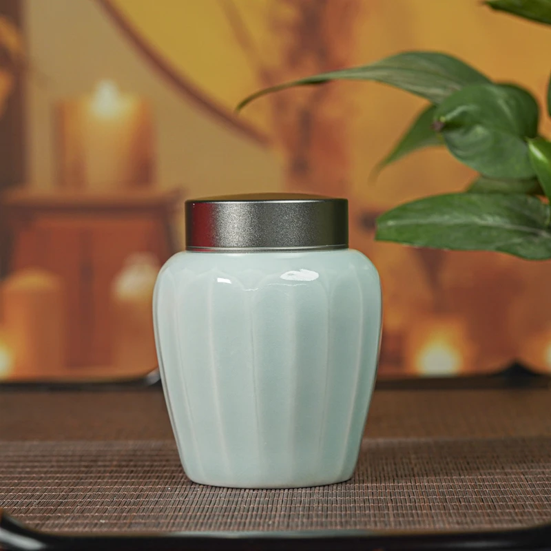 【墨舍好物】粉青莲瓣大茶叶罐（th826）中式陶瓷主人杯景德镇陶瓷