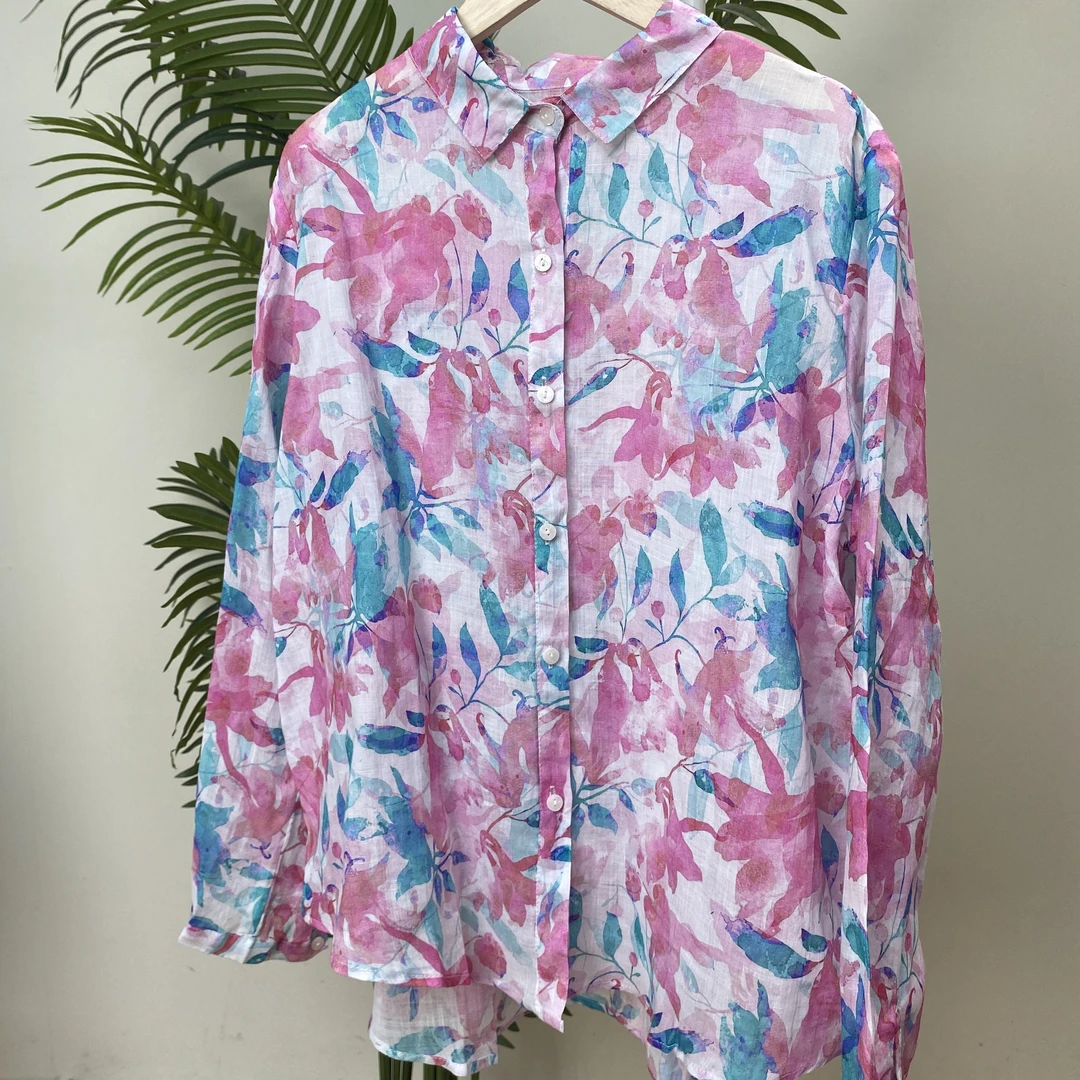 [翻领粉色大花卉印花苎麻衬衫】2682