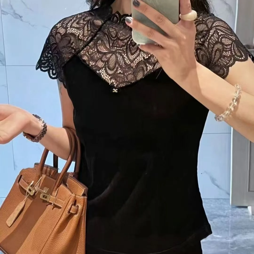 镂空拼接修身型短袖蕾丝打底衫黑色春夏网红女士