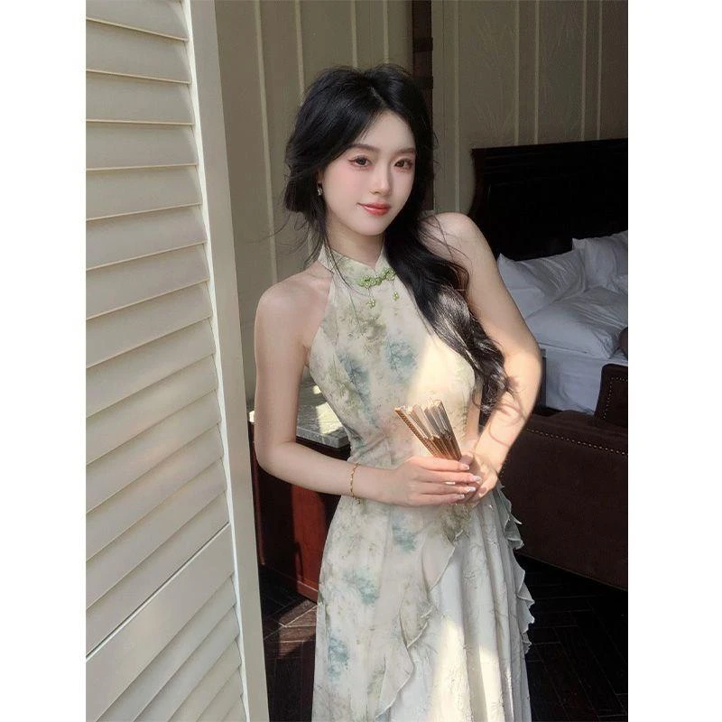 【青青子衿】清新开衫印花拼接不规则森系挂脖连衣裙遮肉时尚套装