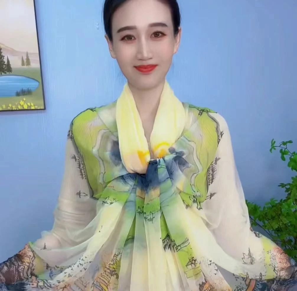 Q2025新款围巾鳄鱼皱丝巾130x180【世外桃源图】四季夏季沙滩巾